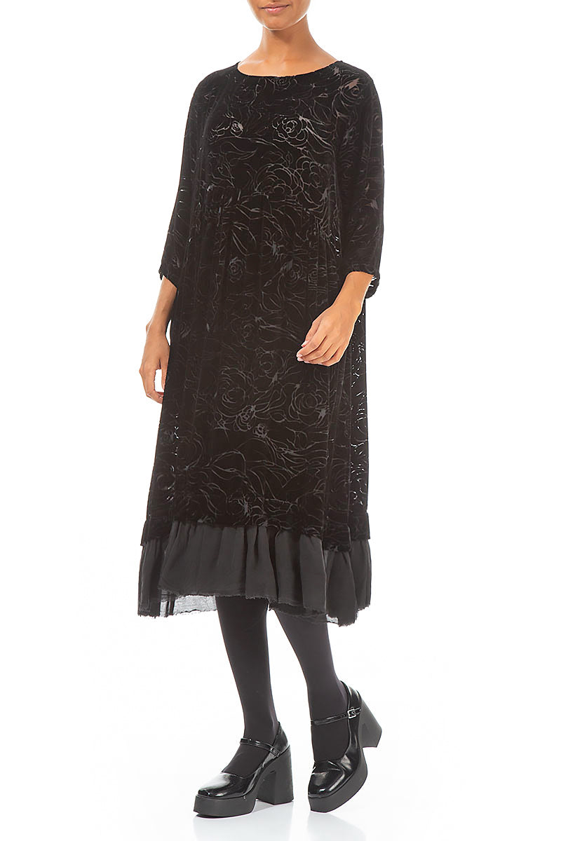 Flared Devoré Roses Black Silk Velvet Dress 4