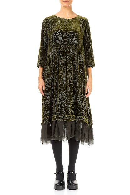 Robe évasée en velours de soie Roses Forest Mist à motif évasé