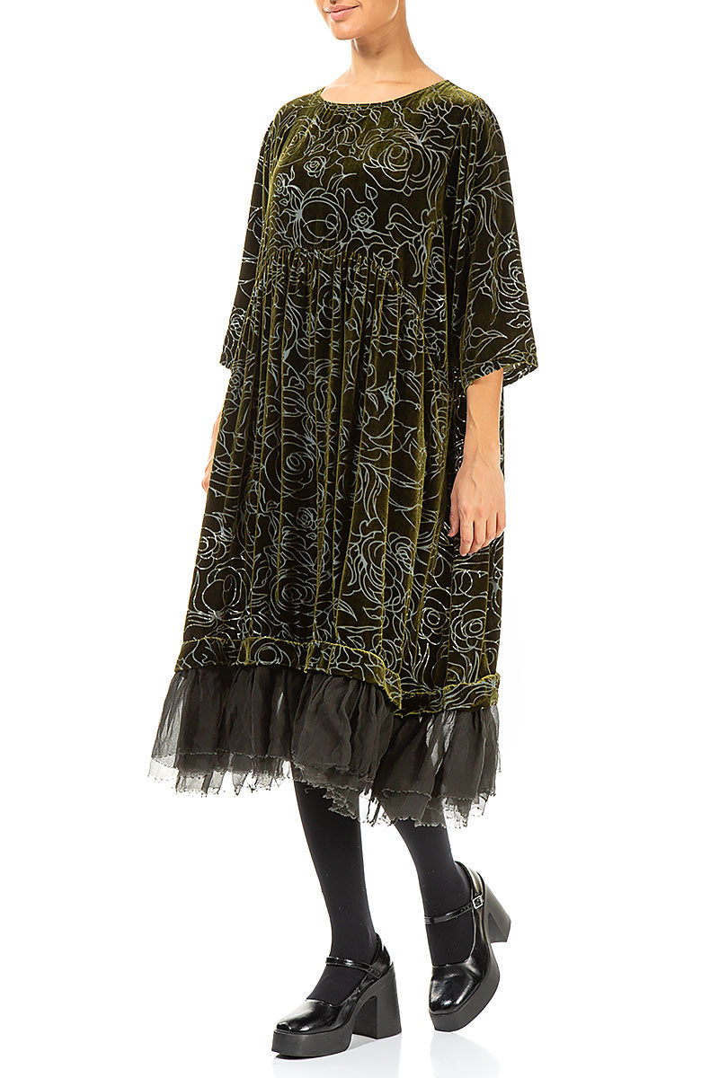 Robe évasée en velours de soie Roses Forest Mist à motif évasé