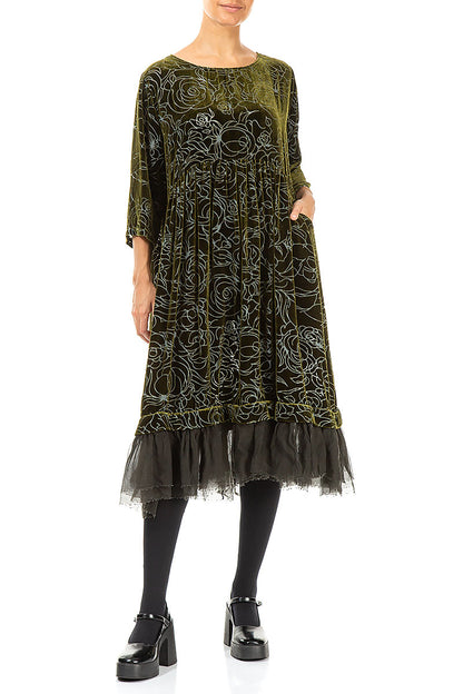 Robe évasée en velours de soie Roses Forest Mist à motif évasé