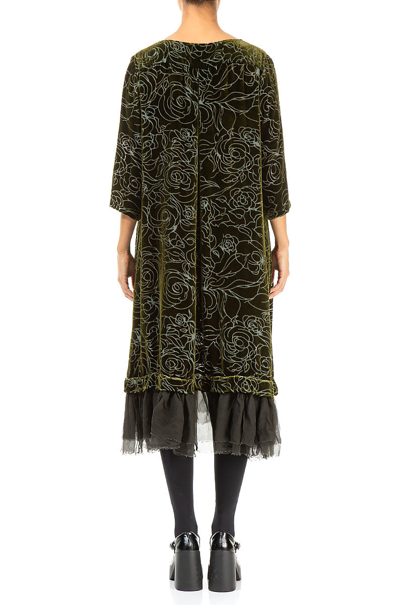 Robe évasée en velours de soie Roses Forest Mist à motif évasé