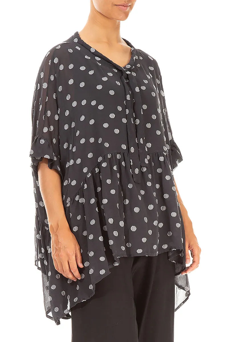 Flared Dotty Black Silver Silk Cotton Blouse 3