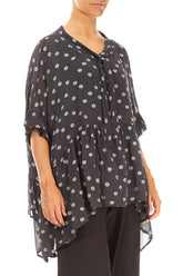 Flared Dotty Black Silver Silk Cotton Blouse 3
