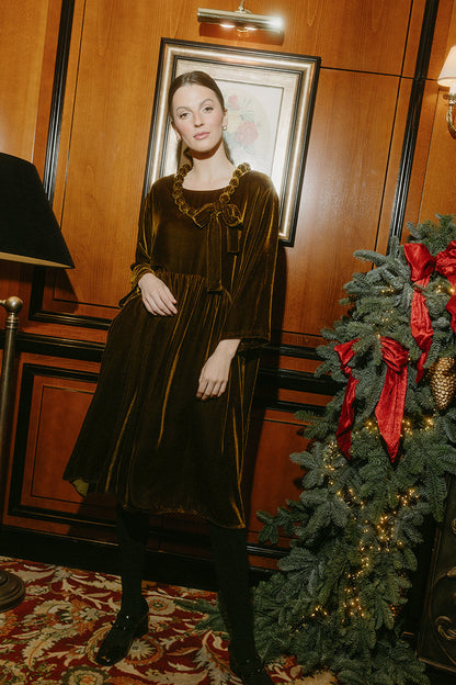 Flared Golden Olive Silk Velvet Dress 1