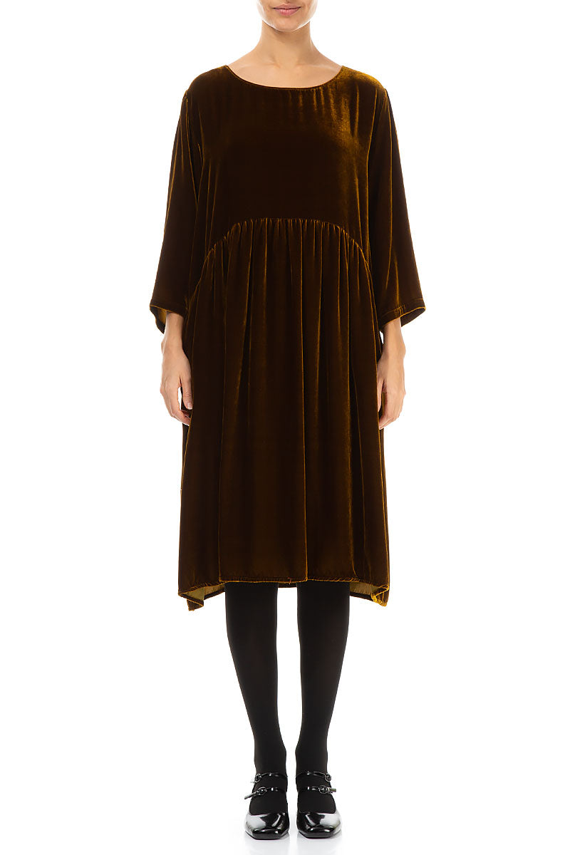 Flared Golden Olive Silk Velvet Dress 2