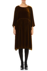 Flared Golden Olive Silk Velvet Dress 2