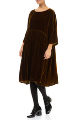 Flared Golden Olive Silk Velvet Dress 4