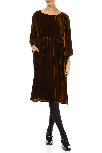 Flared Golden Olive Silk Velvet Dress 5