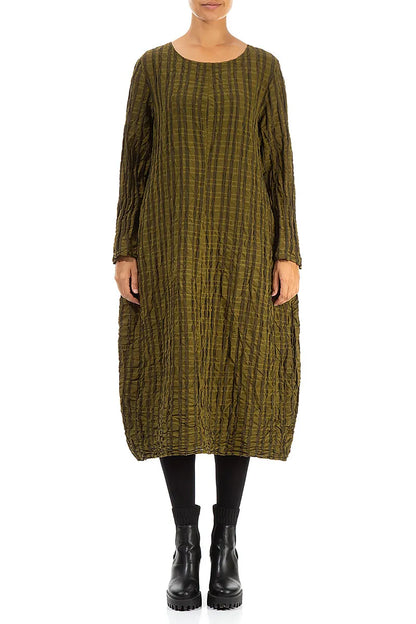 Flared Khaki Checkered Linen Cotton Dress 1