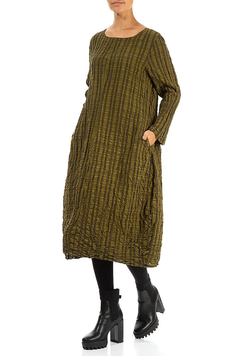 Flared Khaki Checkered Linen Cotton Dress 3