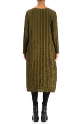 Flared Khaki Checkered Linen Cotton Dress 2
