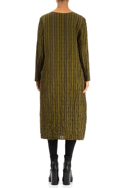 Flared Khaki Checkered Linen Cotton Dress 2