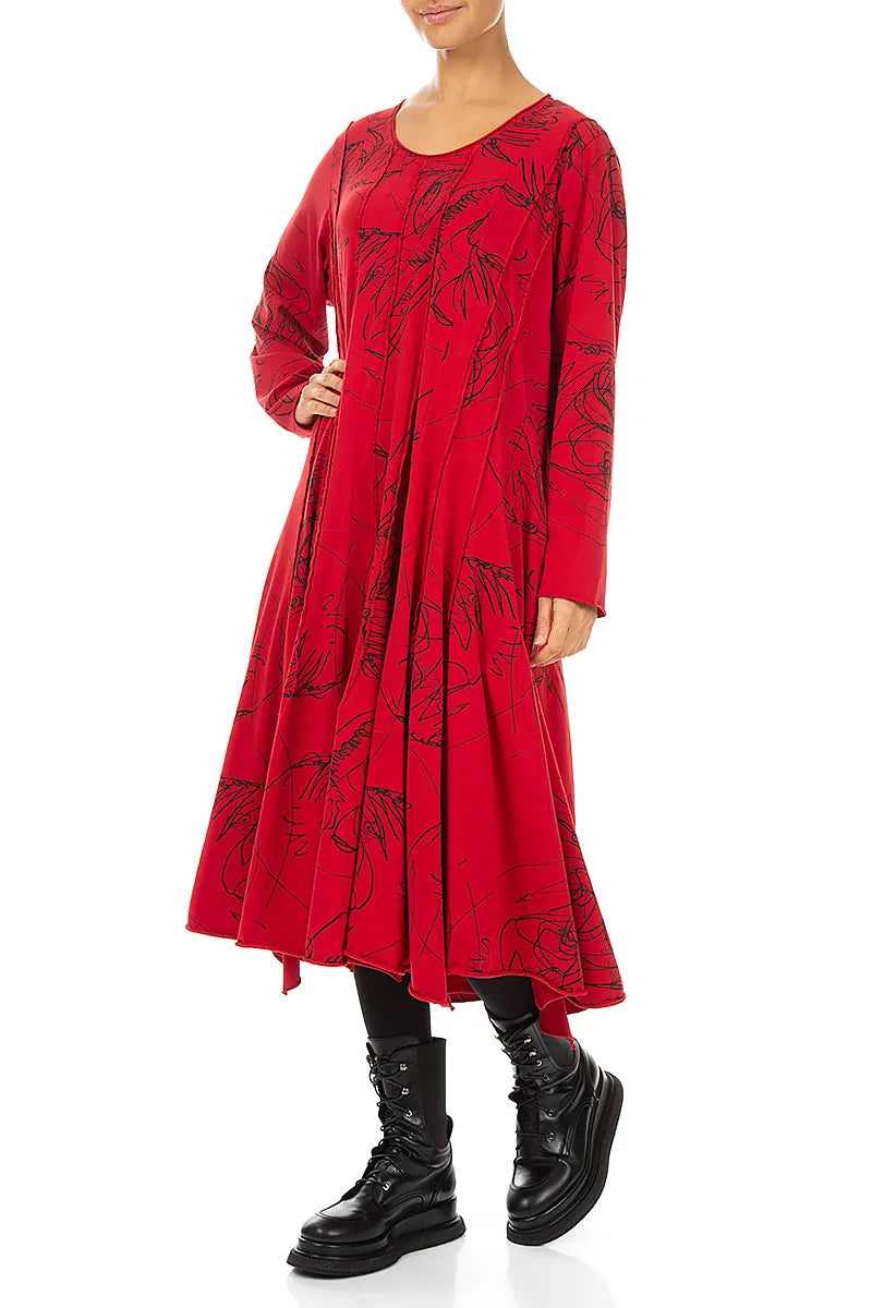 Flared Maxi Cherry Red Abstract Draw Cotton Dress 4