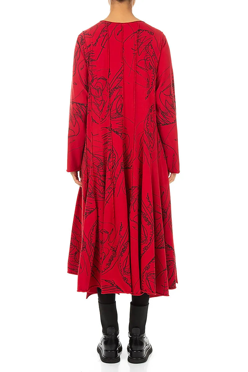 Flared Maxi Cherry Red Abstract Draw Cotton Dress 2