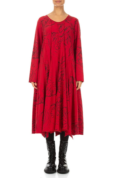 Flared Maxi Cherry Red Abstract Draw Cotton Dress 1