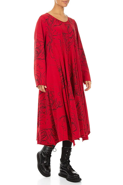 Flared Maxi Cherry Red Abstract Draw Cotton Dress 3