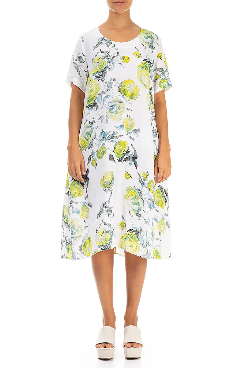 Flared Midi Lime Rose Linen Dress 1