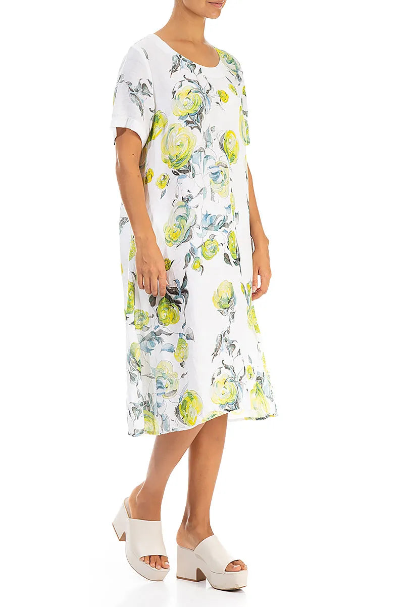 Flared Midi Lime Rose Linen Dress 3