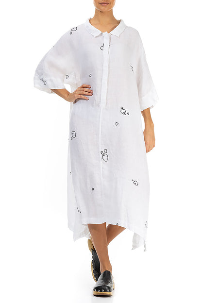 Flared Minimalistic White Bubbles Linen Dress 4