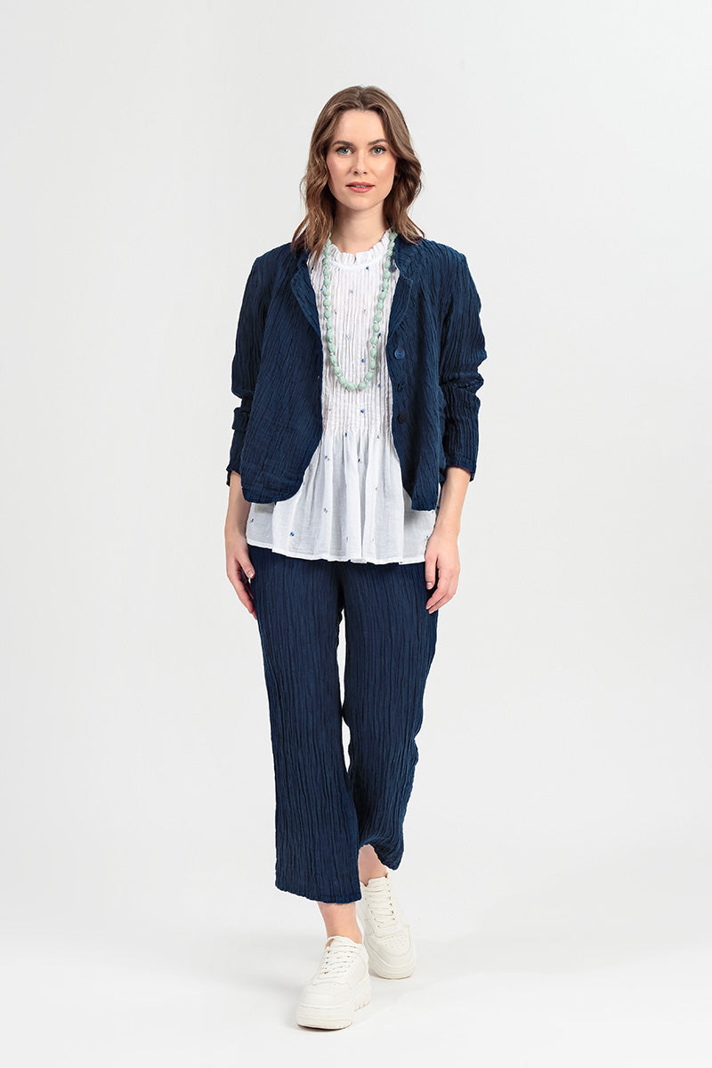 Flared Navy Crinkled Silk Trousers 6