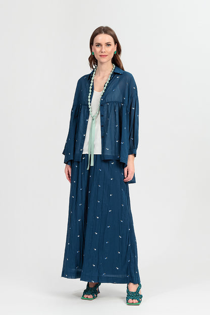 Flared Navy Embroidered Petals Cotton Shirt 6