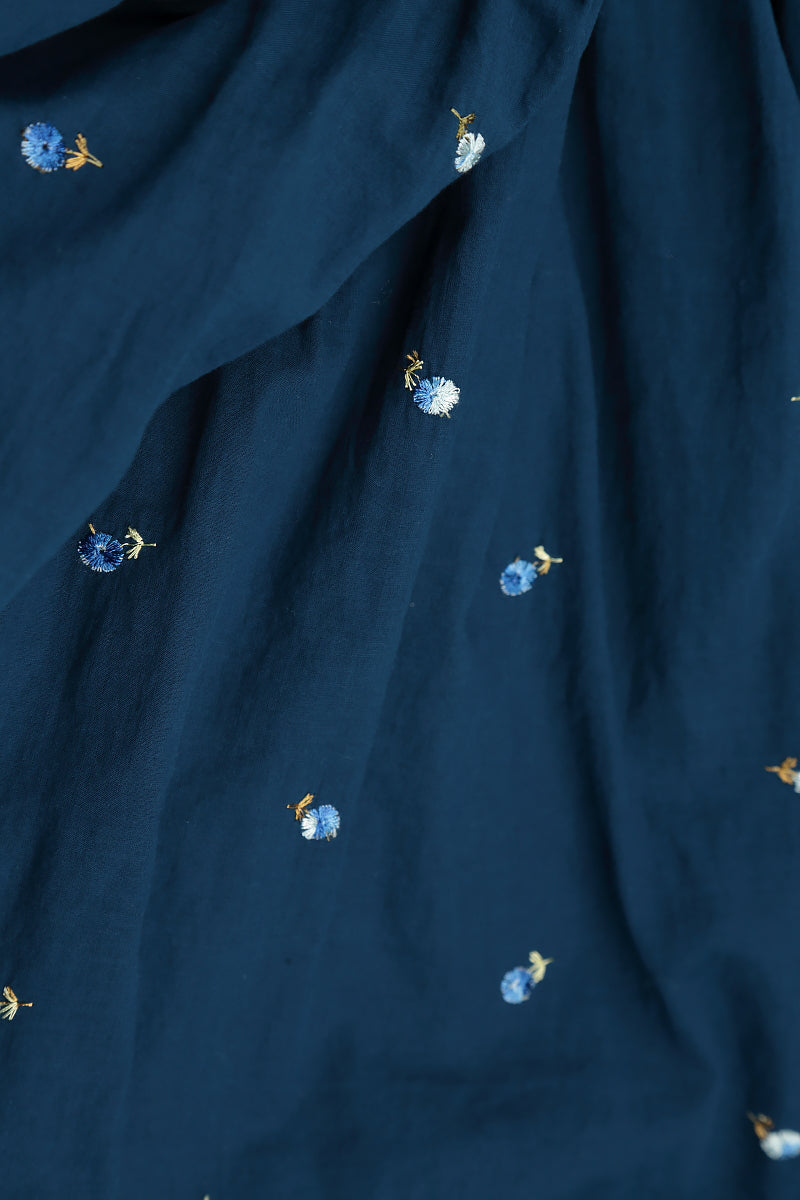 Flared Navy Embroidered Petals Cotton Shirt 5