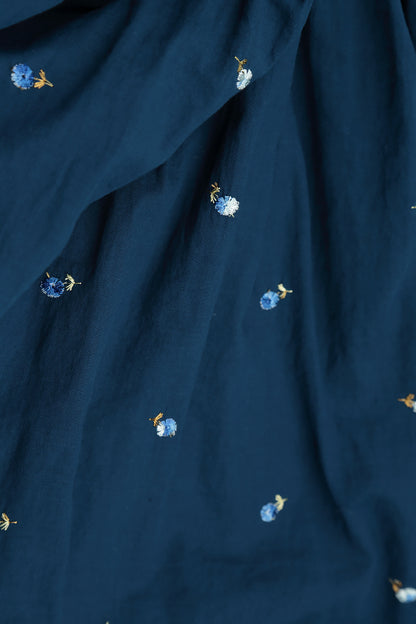 Flared Navy Embroidered Petals Cotton Shirt 5