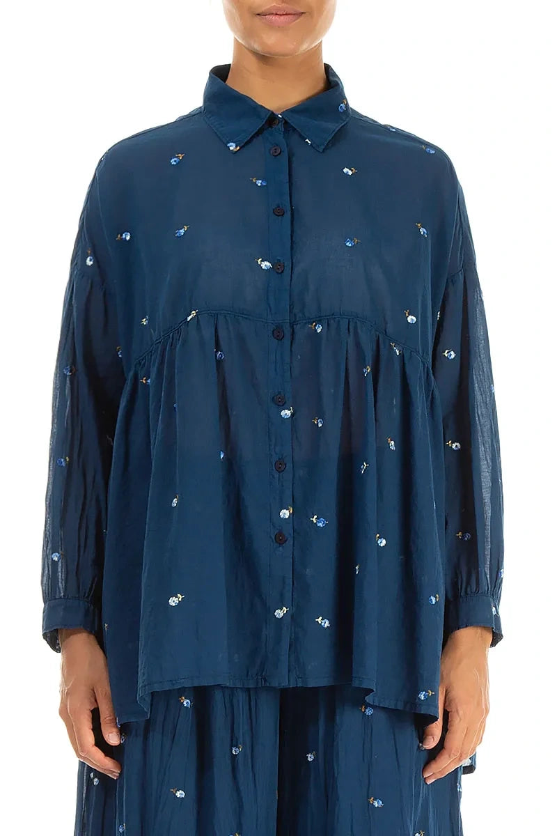 Flared Navy Embroidered Petals Cotton Shirt 1