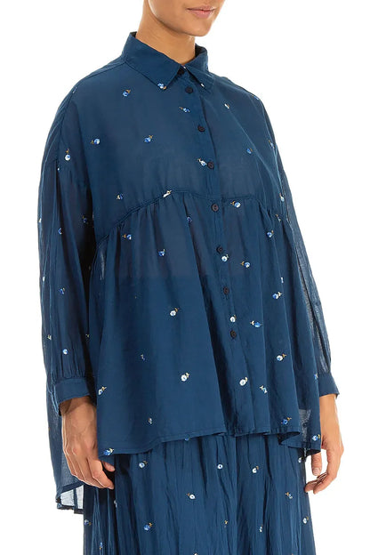 Flared Navy Embroidered Petals Cotton Shirt 3