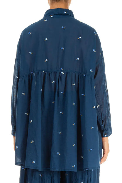 Flared Navy Embroidered Petals Cotton Shirt 2