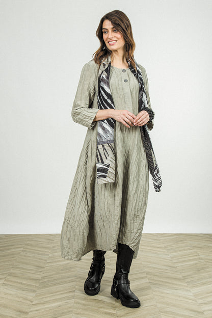 Flared Olive Grey Crinkled Silk Linen Dress 6