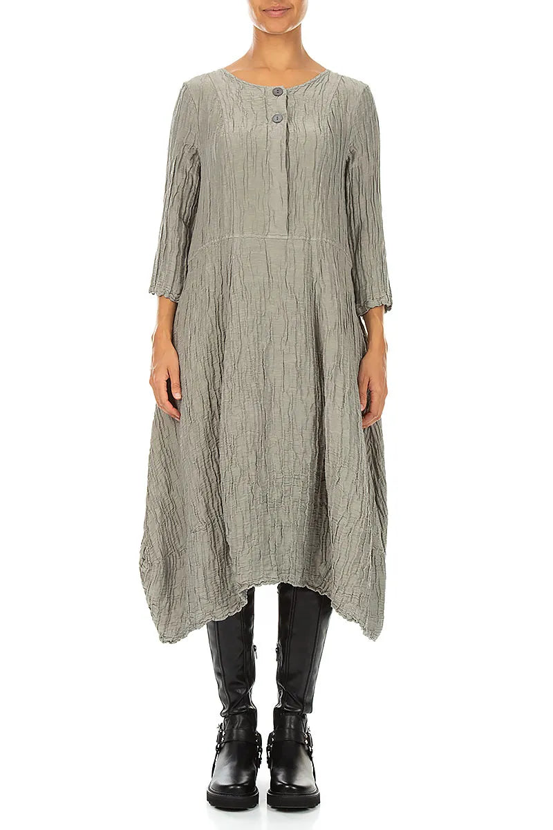 Flared Olive Grey Crinkled Silk Linen Dress 1