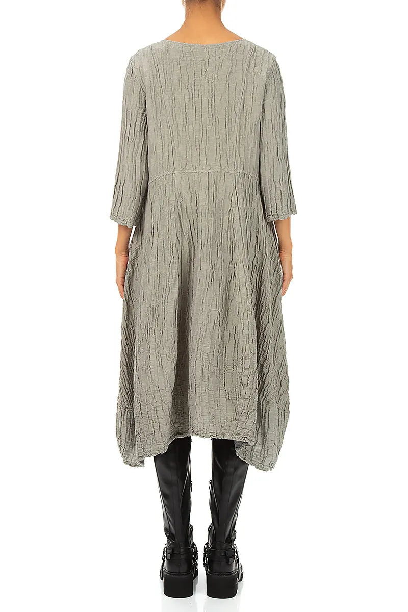 Flared Olive Grey Crinkled Silk Linen Dress 2