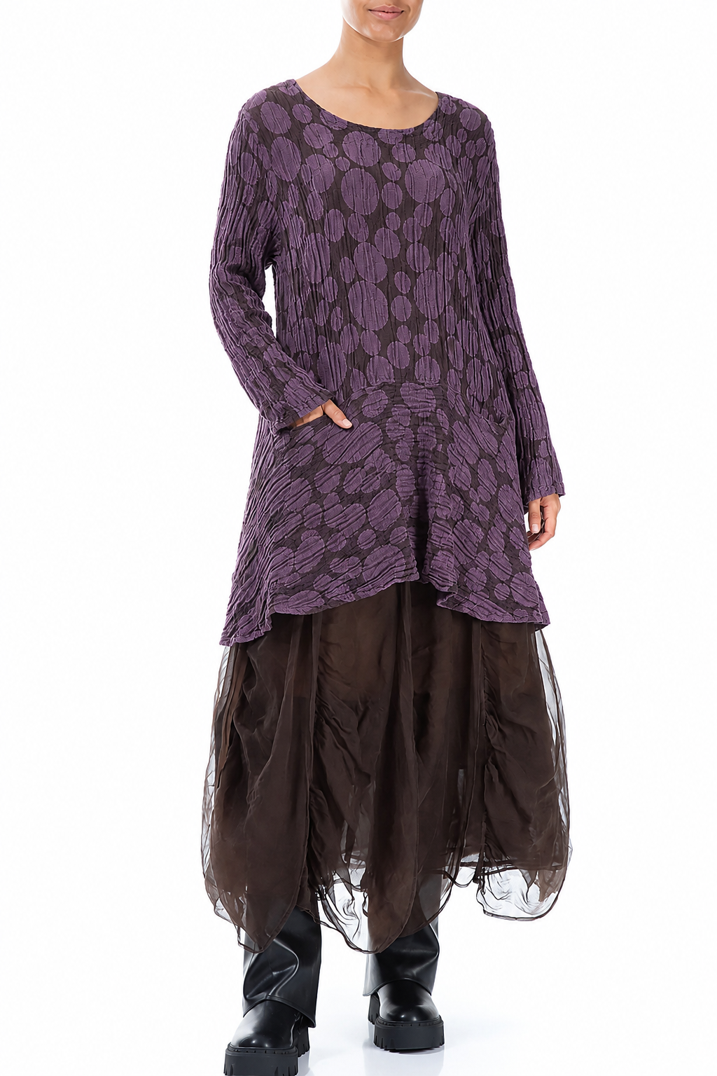 Flared Pockets Crinkled Deep Plum Circle Silk Linen Tunic 4