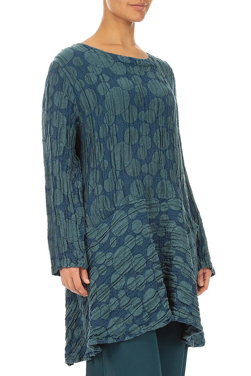 Flared Pockets Crinkled Deep Turquoise Circle Silk Linen Tunic 4