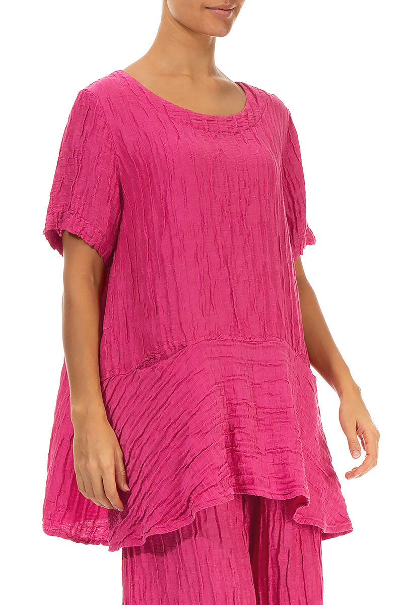 Flared Pockets Crinkled Fuchsia Silk Linen Blouse 3