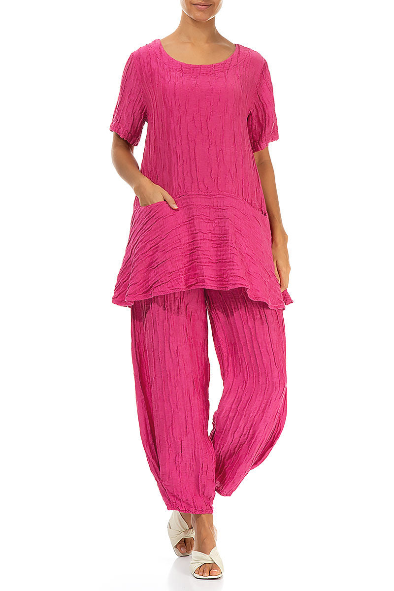 Flared Pockets Crinkled Fuchsia Silk Linen Blouse 4