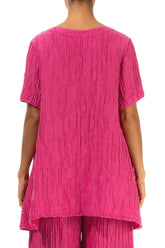 Flared Pockets Crinkled Fuchsia Silk Linen Blouse 2