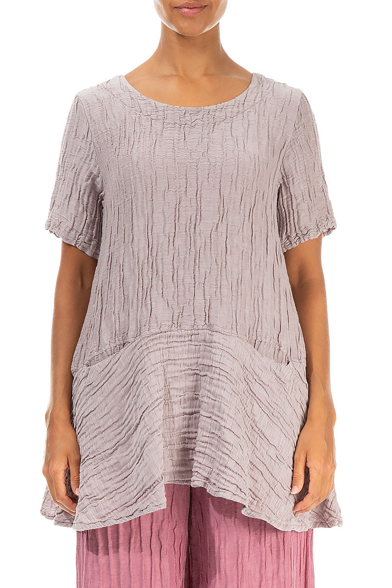 Flared Pockets Crinkled Greige Silk Linen Blouse 1
