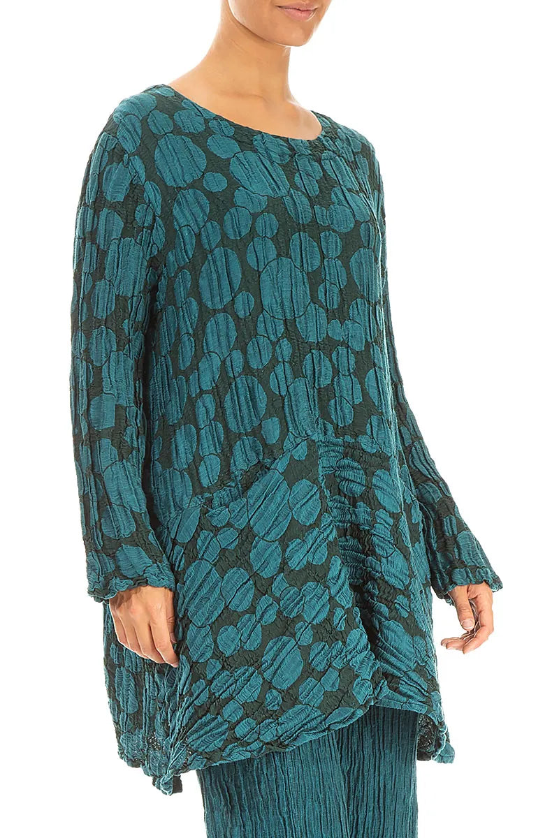 Flared Pockets Crinkled Peacock Circle Silk Linen Tunic 3