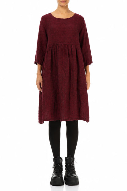 Ausgestelltes Midi-Kleid aus Leinenmischgewebe in Rubinrot-Mélange