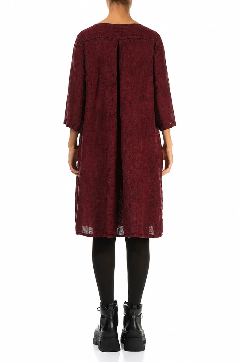 Ausgestelltes Midi-Kleid aus Leinenmischgewebe in Rubinrot-Mélange