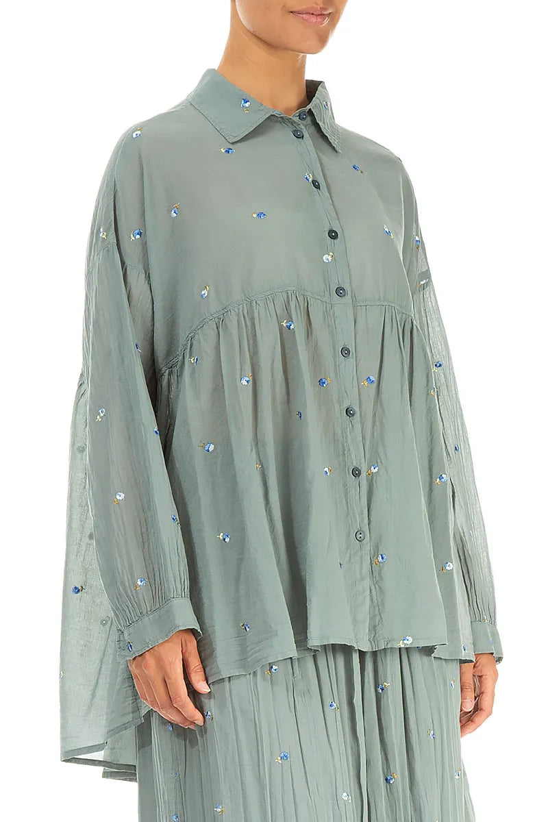 Flared Sage Embroidered Petals Cotton Shirt 3