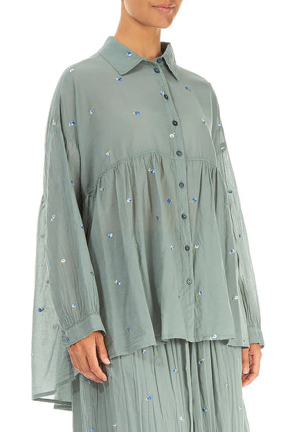 Flared Sage Embroidered Petals Cotton Shirt 3