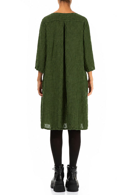 Flared Shamrock Green Mélange Linen Midi Dress 2