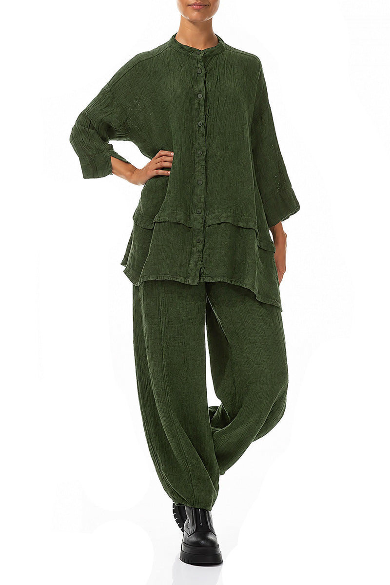 Flared Shamrock Green Mélange Linen Shirt 4