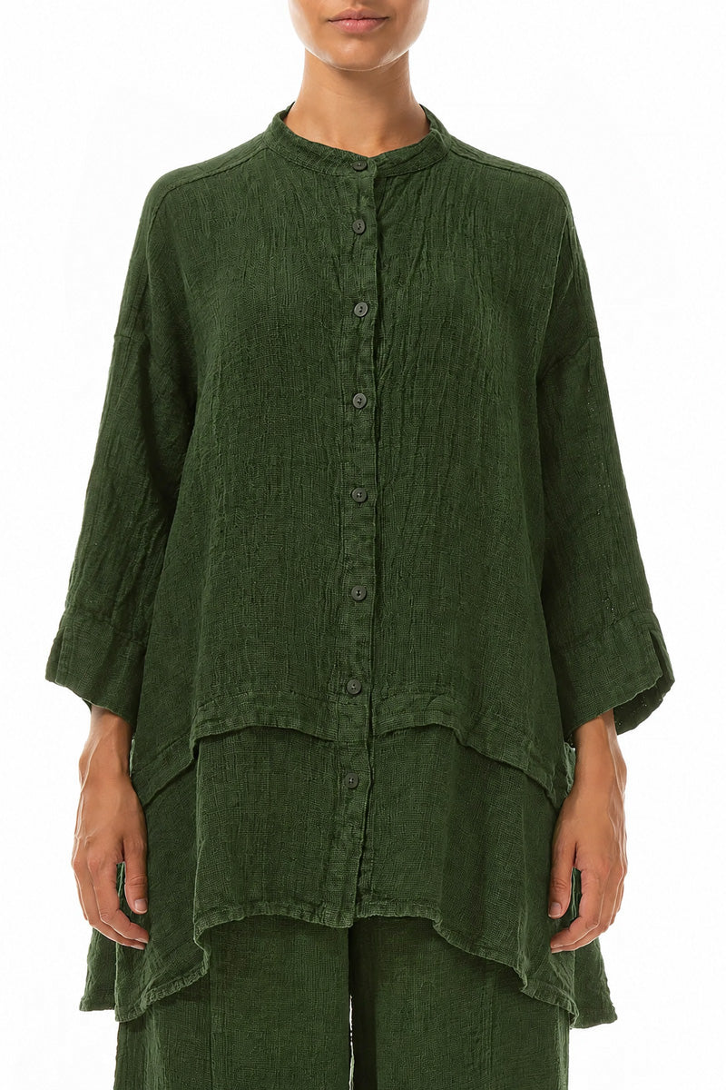 Flared Shamrock Green Mélange Linen Shirt 1