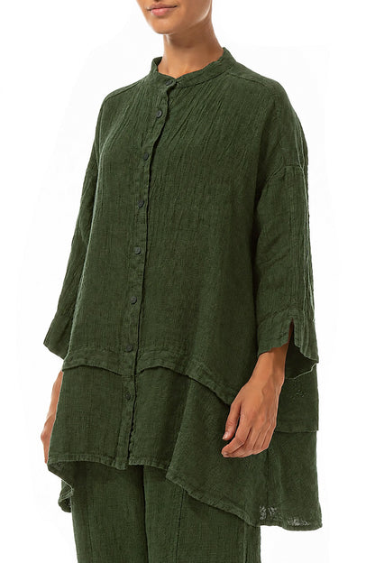 Flared Shamrock Green Mélange Linen Shirt 3