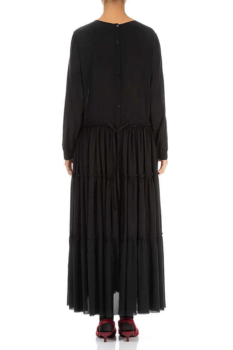 Flared Back Buttons Black Silk Dress