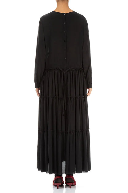 Flared Back Buttons Black Silk Dress